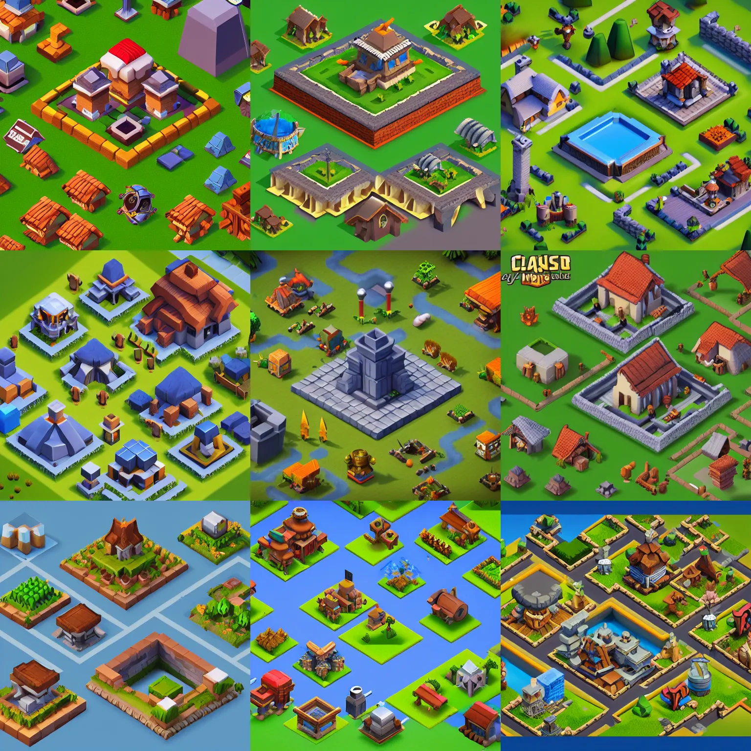 Prompt: collection of isometric building assets in the style of clash of clans, modular game dev art