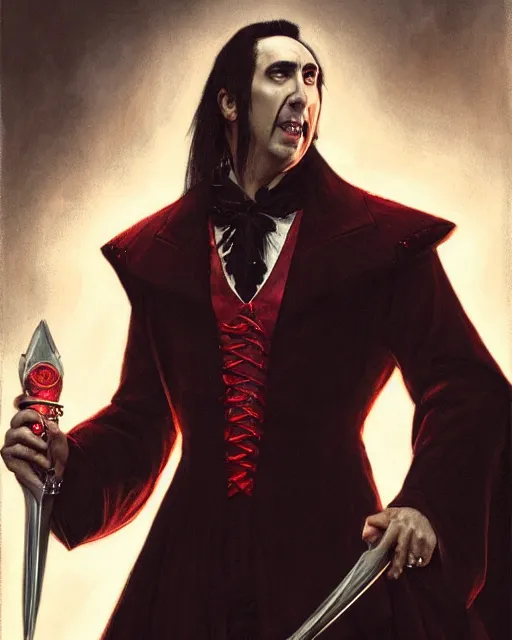 Prompt: nicolas cage as dracula vampire, highly detailed, centered, artstation, concept art, smooth, sharp focus, illustration, bokeh art by artgerm and donato giancola and joseph christian leyendecker