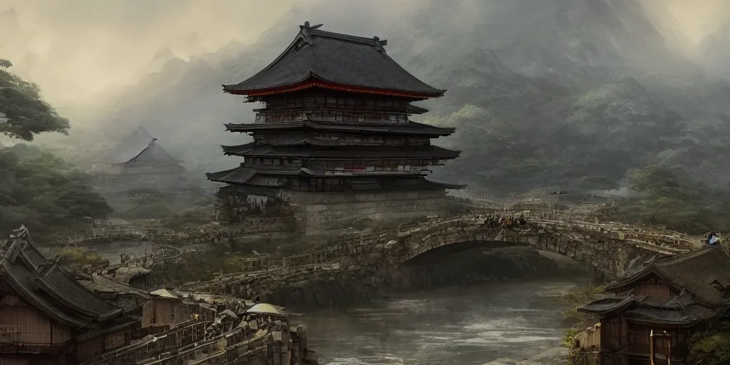 Image similar to japan middle age, giant fortress with cannons guarded by samurais, is built on a strong old wooden bridge, giant goddess with swords, morning, matte painting, concept art, james gurney, greg rutkowski, unreal engine, artstation, john howe