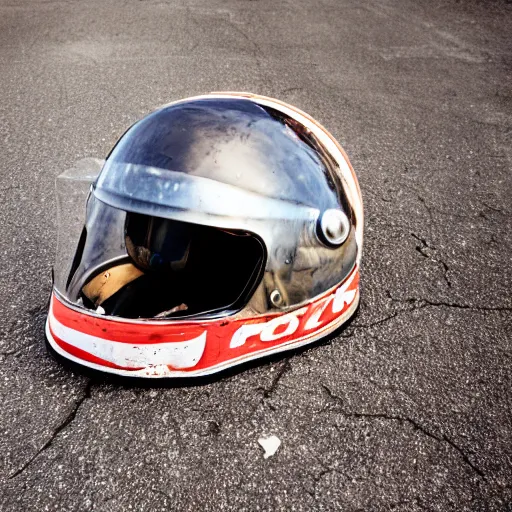 Prompt: cracked Motorcycle helmet laying on the asphalt, 35mm lens, photography