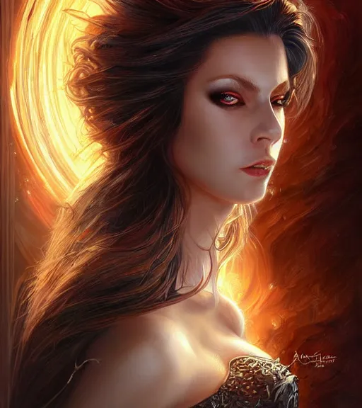 Prompt: a higly detailed full body shot portrait painting of a female sorceress with piercing beautiful eyes, dynamic lighting, ambient lighting, deviantart, art by artgerm and karol bak and mark brooks