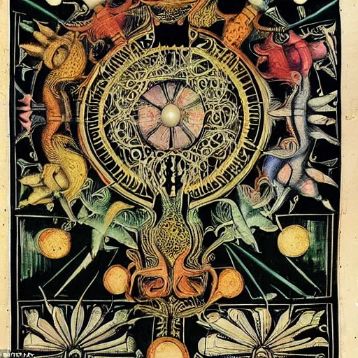 Image similar to furry freaky creature sings a unique canto about'as above so below'being ignited by the spirit of haeckel and robert fludd, breakthrough is iminent, glory be to the magic within, style of grotesques from medieval illuminated manuscripts