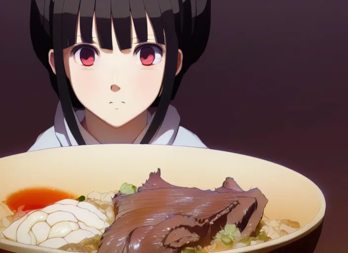 Image similar to a film still portrait of a bowl with sukiyaki, finely detailed features, closeup at the food, perfect art, at a dinner table, gapmoe yandere grimdark, trending on pixiv fanbox, painted by greg rutkowski makoto shinkai takashi takeuchi studio ghibli, akihiko yoshida