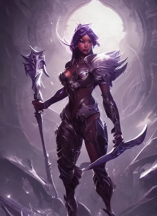 Image similar to poster!! beautiful new female character for league of legends, character concept art, action pose, illustration, full body armor, steel plating, huge weapon, super powers, athletic, symmetry, intricate design, shiny, highly detailed, hd, dramatic lighting, art by artgerm and greg rutkowski