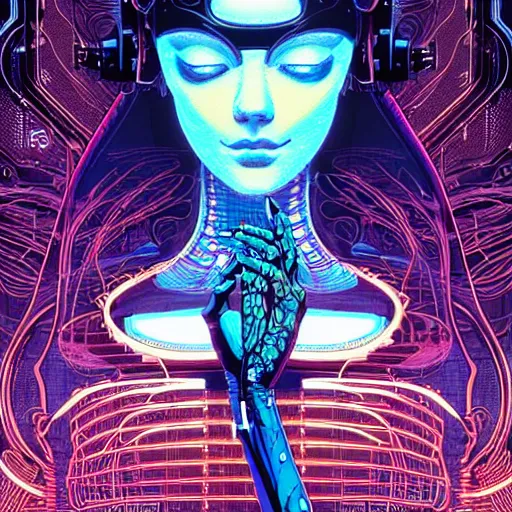 Prompt: a portrait of a beautiful cybernetic woman meditating in lotus pose, wires, cyberpunk concept art by josan gonzales and philippe druillet and dan mumford and enki bilal and jean claude meziere