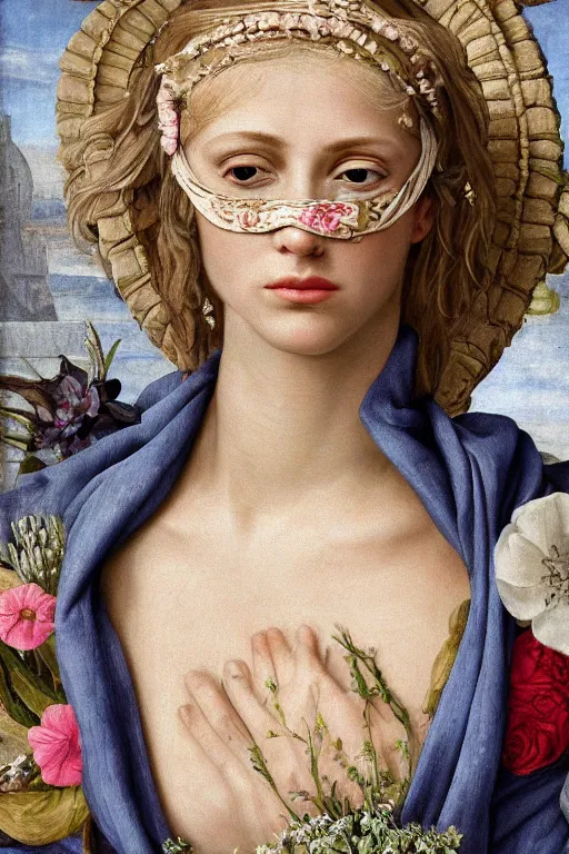 Prompt: hyperrealism close - up mythological portrait of a medieval blond blindfolded woman merged with huge number of flowers in style of classicism and renaissance, pale skin, wearing silver silk robe, blue palette