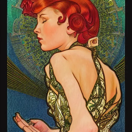 Prompt: a streamline moderne painting in the style of donato giancola, and in the style of audrey kawasaki, and in the style of alphonse mucha. symmetry, smooth, sharp focus, semi - realism, intricate detail.