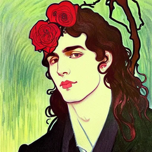 Prompt: painting of young handsome beautiful dark medium wavy hair man in his 2 0 s named shadow taehyung wearing a red rose hair crown and wearing a suit at the cucumber and banana soup party in the forest, elegant, clear, painting, stylized, delicate, soft facial features, delicate facial features, soft art, art by alphonse mucha, vincent van gogh, egon schiele