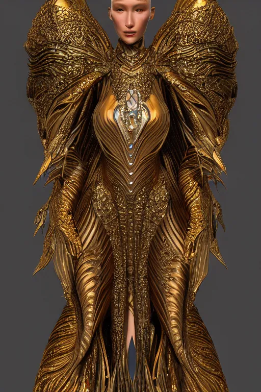 Prompt: a highly detailed metahuman 4 k render close up of a alien goddess bella hadid in iris van herpen dress schiaparelli in diamonds swarovski and jewelry in style of alphonse mucha gustav klimt trending on artstation made in unreal engine 4