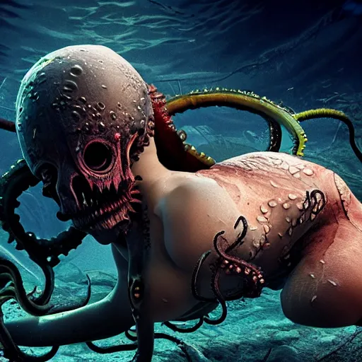 Image similar to beautiful, terrifying, demonic, full body female, with the body of a goddess, with parasitic tentacles crawling up her, in a underwater horror scene, photo realistic, dramatic cinematic lighting, octane render, 4k, ultra detailed,
