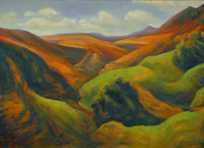 Prompt: figurative painting, landscape, hills as gorges