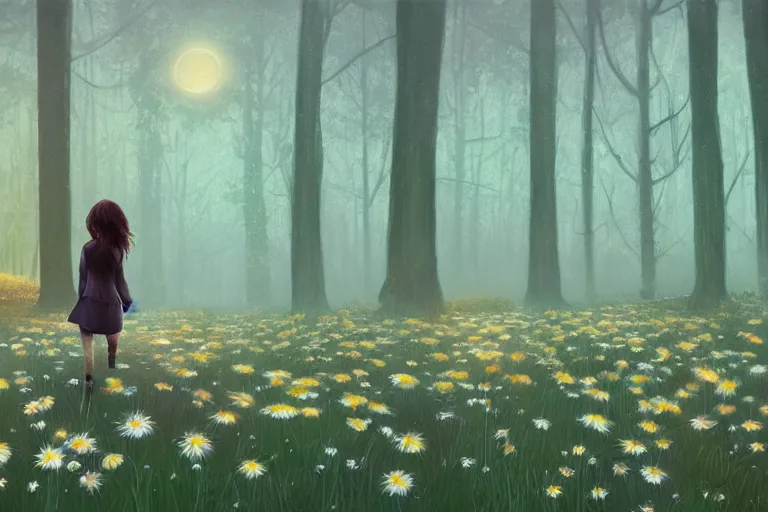 Image similar to giant bunch of daisy flowers head, girl walking in dark forest, surreal photography, dark night, stars, moon light, impressionist painting, clouds, digital painting, artstation, simon stalenhag