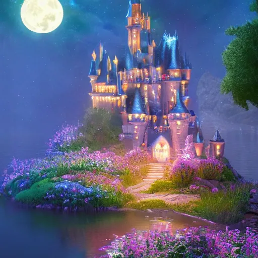 Image similar to a single glittering fairy castle at night, a full moon, water and colourful flowers, extremely detailed oil painting, unreal 5 render, fantasy digital art, octane render, beautiful composition, trending on artstation, award-winning photograph, masterpiece