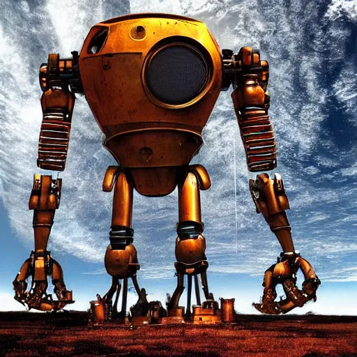 Prompt: giant rusted alien robot floating in space