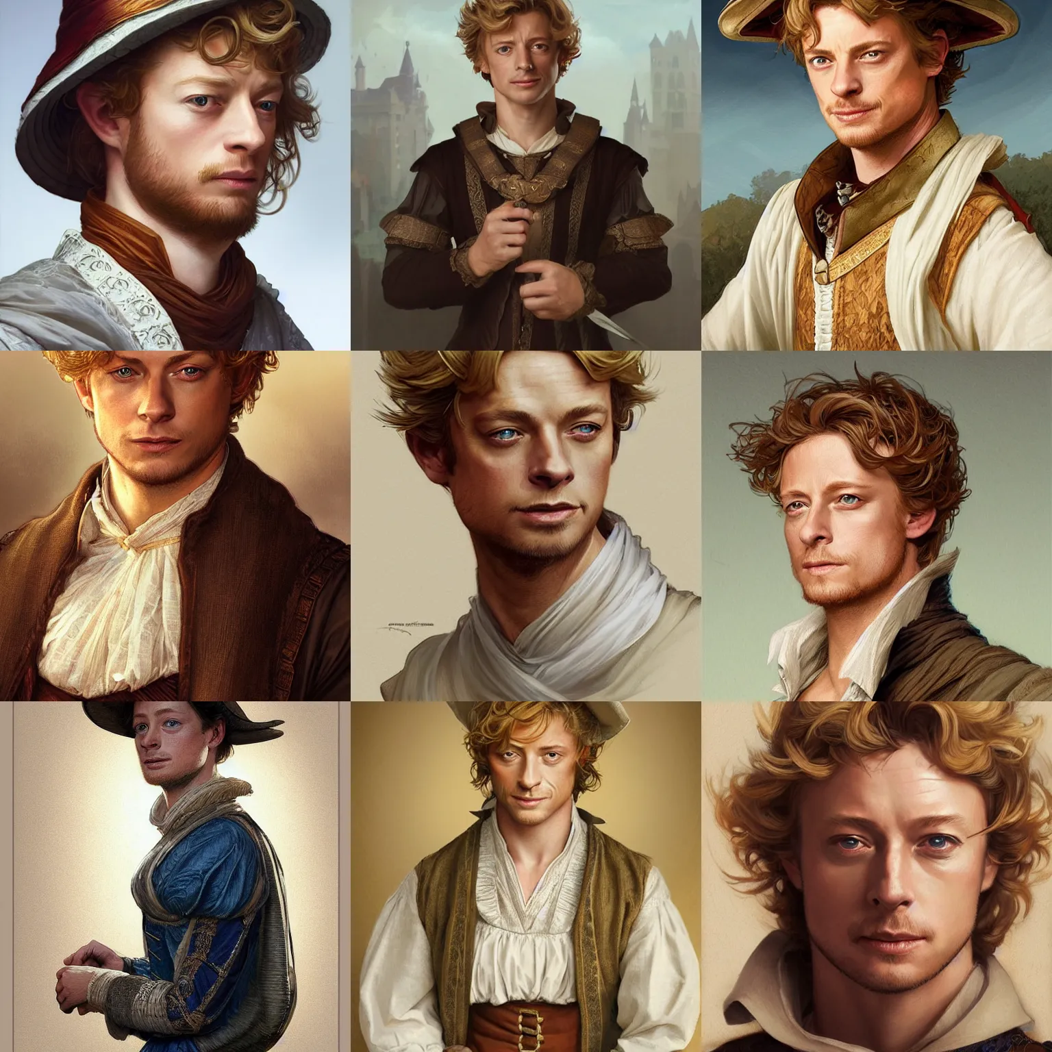 Prompt: a young man wearing 16th century clothes, sly expression, blonde, young simon baker, headshot, D&D, fantasy, portrait, highly detailed, digital painting, artstation, concept art, sharp focus, illustration, art by artgerm and greg rutkowski and alphonse mucha