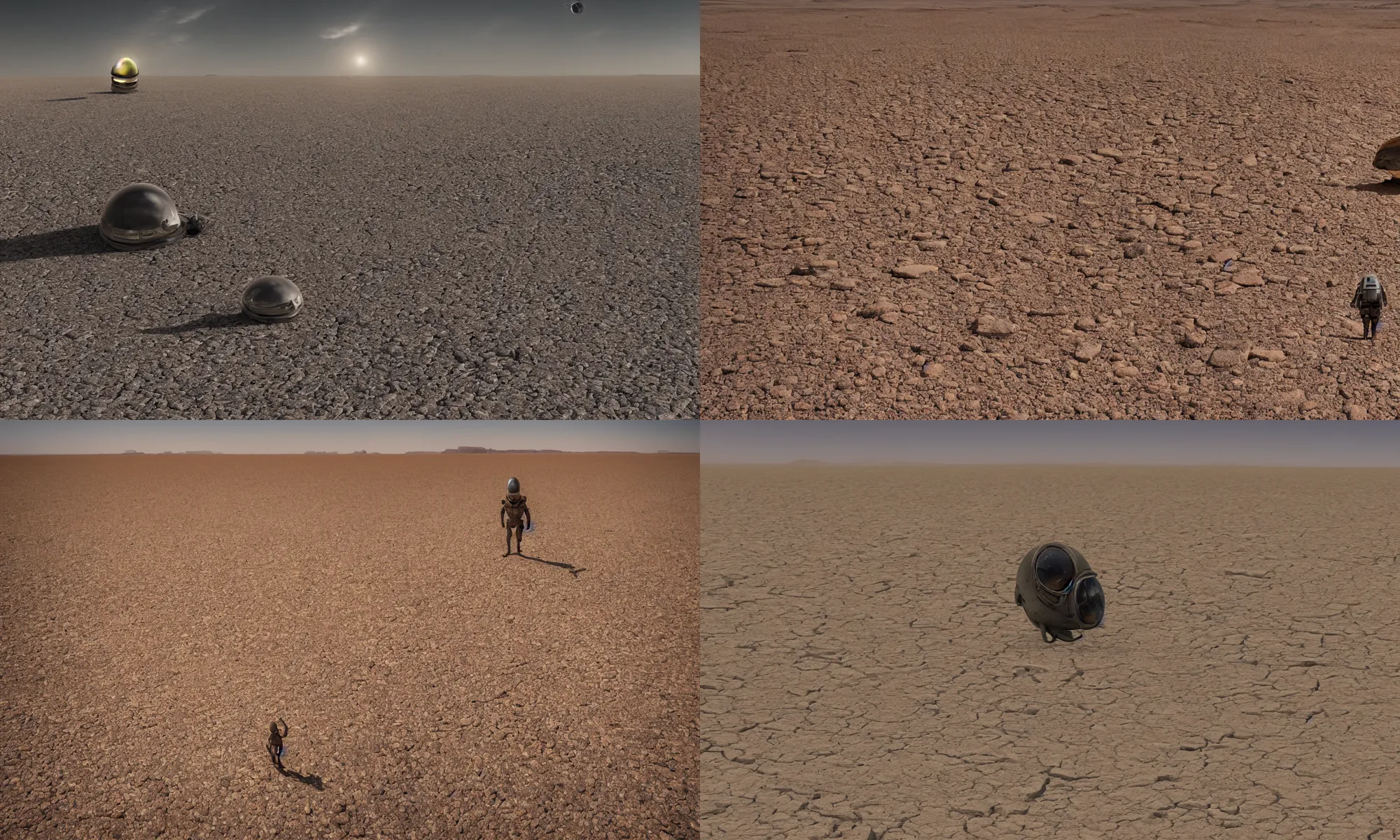 Prompt: alien walking in barren desert, crashed ufo at the horizon, dust, wind, rock formations at the horizon, wide angle lens, ground level camera view, highly detailed, photorealistic, sharp focus,, detailed