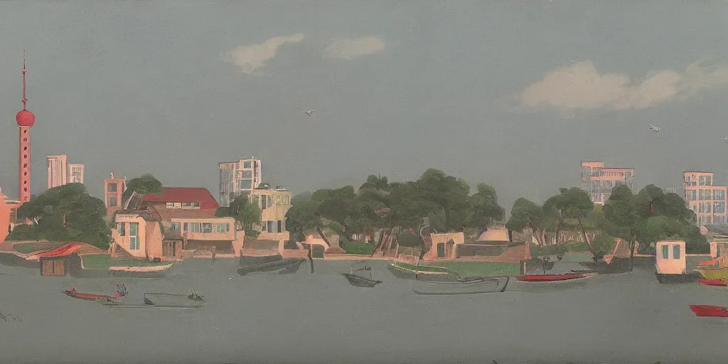 Prompt: In the foreground is a small red house, and in the background is the smoky Oriental Pearl City of Shanghai, George Ault painting style.