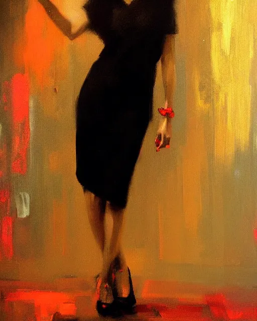 Image similar to beautiful portrait painting an gorgeous delhi girl wearing a little black dress at a nightclub, red lighting, oil painting, art by ruan jia