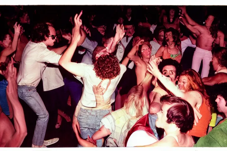 Prompt: people dancing in a club in the 70's by Geoff Darrow , they're sweating, theynre hot, colored photography, flash photography, close up, 50mm lens