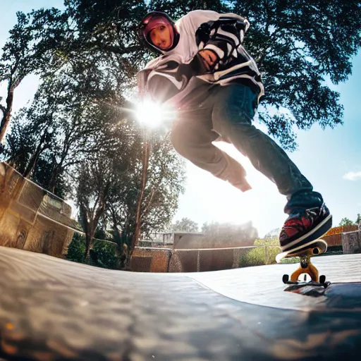 Prompt: knight in shining armor doing sick flips on a skateboard, fisheye lens, photo, realistic, bright lighting