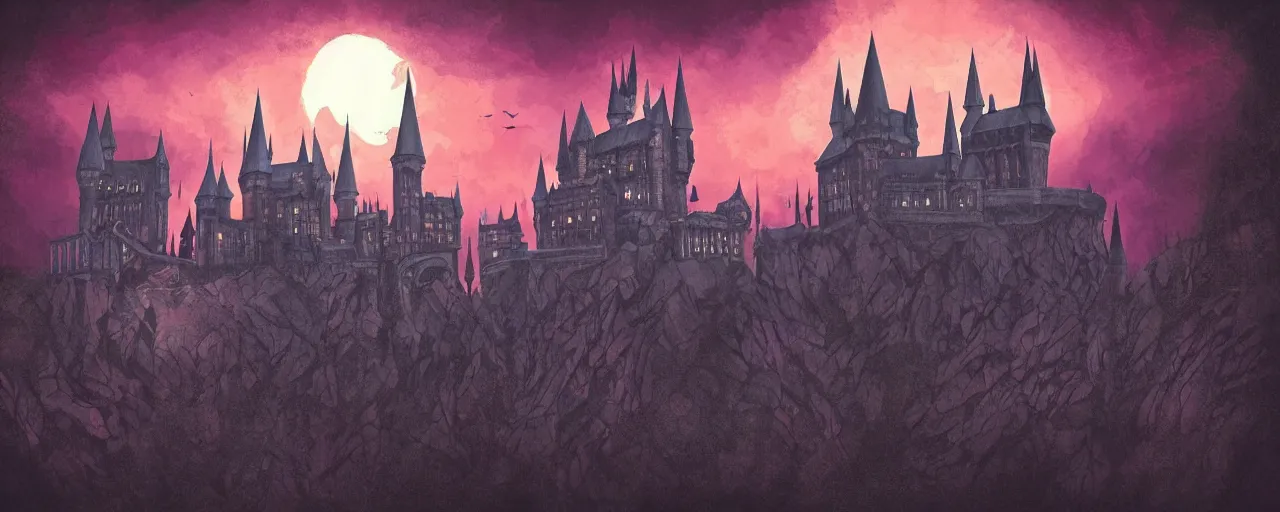 Prompt: Sunset over Hogwarts in Castlevania style, landscape, illustration, fantasy, gothic