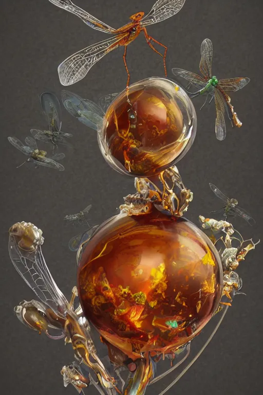 Image similar to surreal gouache painting, by yoshitaka amano, by ruan jia, by Conrad roset, by good smile company, detailed anime 3d render of big transparent amber stone with a magical eletric dragonfly inside. dragonfly inside an amber stone, amber stone on the Dj mixer portrait, cgsociety, artstation, rococo mechanical and Digital and electronic, dieselpunk atmosphere