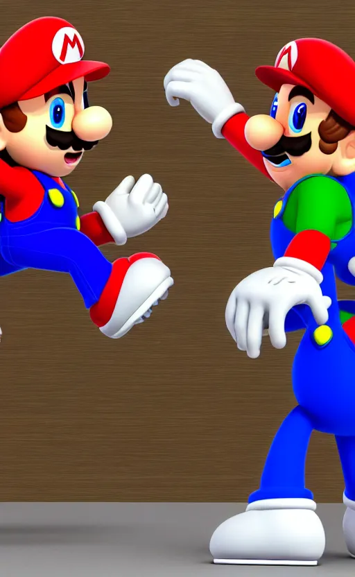 Image similar to a 3 d render of mario and sonic playing computer games together in a student apartment