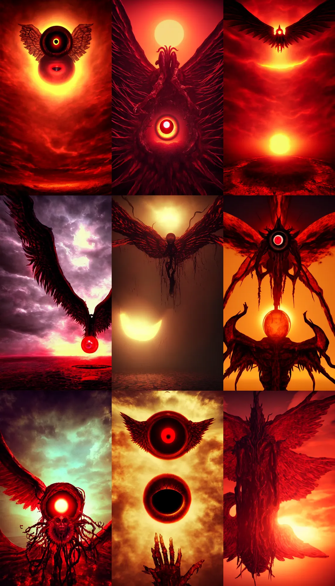 Prompt: horrific eldritch being that consists of floating eye with six wings, gruesome, hyperrealistic, angelic radiant light, blood red sunset, octane render, cinematic, art by Leonardo Da Vinci