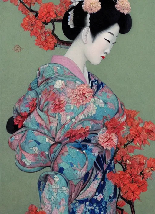 Image similar to detailed oil painting of geisha with flower grow out from the face, james jean, chogiseok, baroque, impressionism, cool temperature