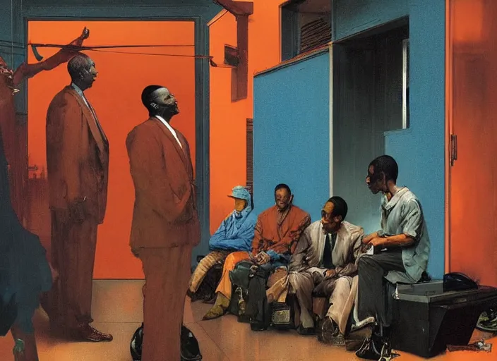 Image similar to a still from the tv series the wire by francis bacon and norman rockwell and james jean and mark brooks, triadic color scheme, by greg rutkowski, syd mead and edward hopper and norman rockwell and beksinski, dark surrealism, orange and turquoise