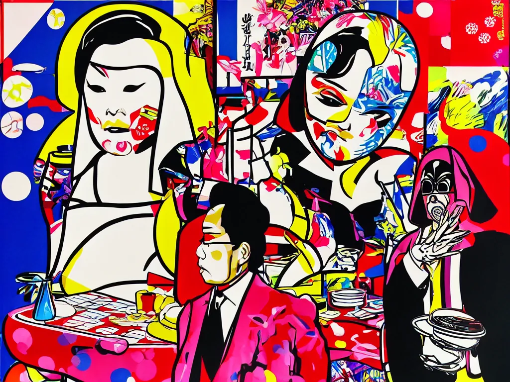 Image similar to hyperrealistic composition, in the middle a woman in a japanese kimono, behind her stands darth vader, in front of her a table from the casino, in the background is mount fuji and fireworks, pop - art style, jacky tsai style, andy warhol style, roy lichtenstein style, round canvas, acrylic on canvas