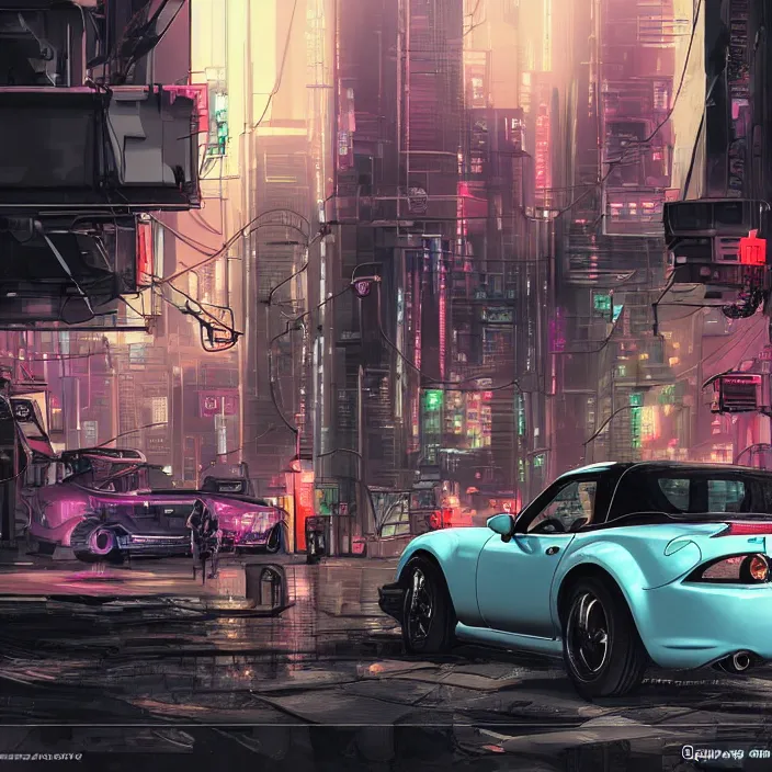 Image similar to a mazda miata in cyberpunk city, cyberpunk futuristic digital art concept