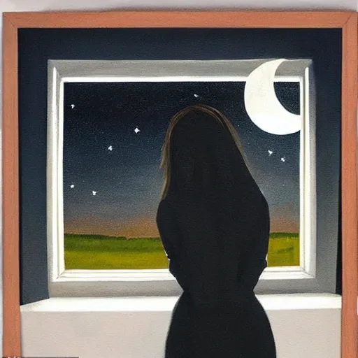 Prompt: painting of brunette girl from behind as she looks at the window at the night sky, feature the moon and hearts