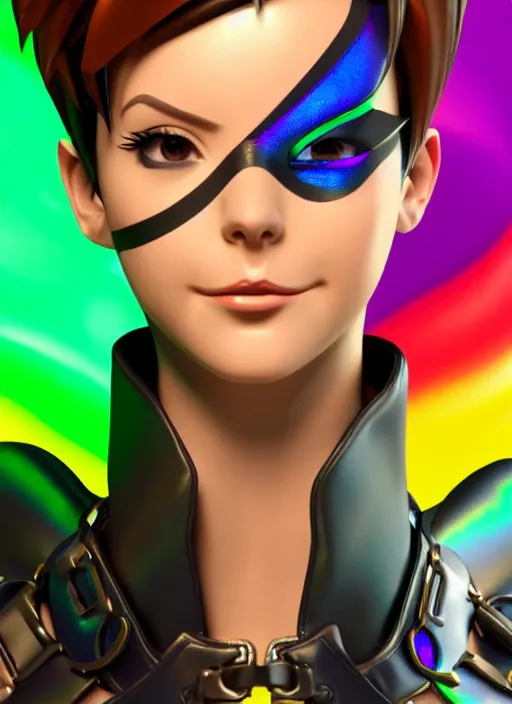 Prompt: portrait bust digital artwork of tracer overwatch, wearing iridescent rainbow latex and leather straps catsuit outfit, 4 k, expressive happy smug expression, makeup, in style of mark arian, angel wings, wearing detailed leather collar, chains, black leather harness, detailed face and eyes,