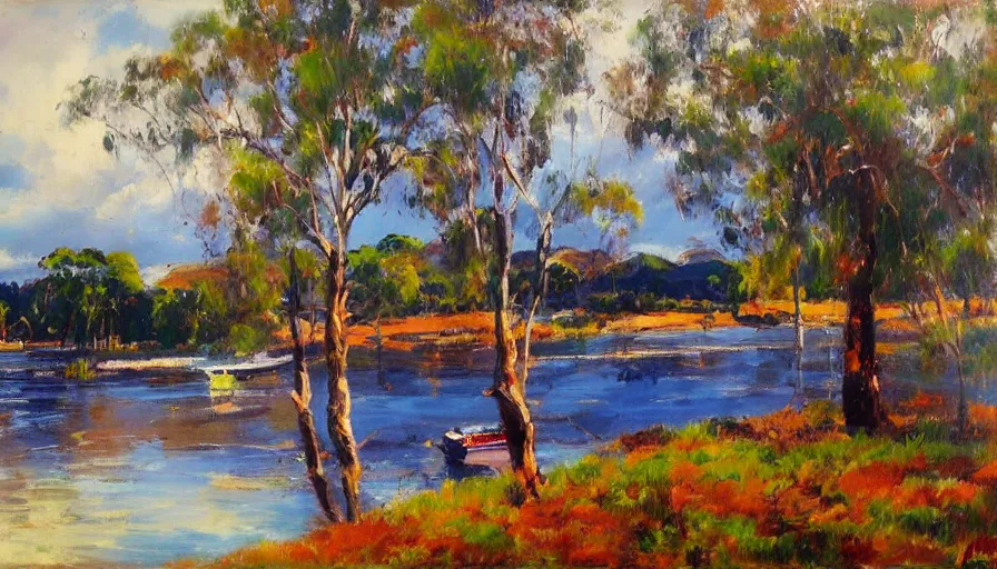 Prompt: impressionist painting by antoine blanchard of the manning river in taree australia