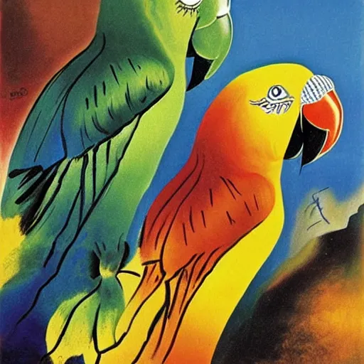 Image similar to A picture of happy parrots with big ears, painted by salvador dali