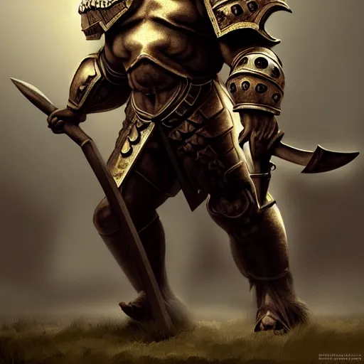 Prompt: Giant minotaur humanoid beast warrior with two handed axe, horned helmet, concept art, heavy knight golden armor, paladin, hyperrealism, high details, digital painting, dark fantasy