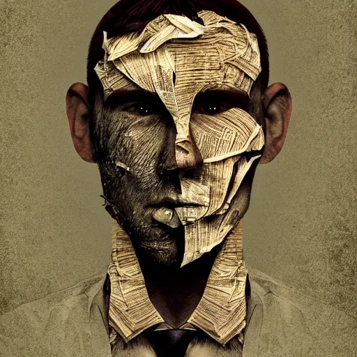 Image similar to man face shredded like paper peeling, dark, surreal, illustration, by ally burke