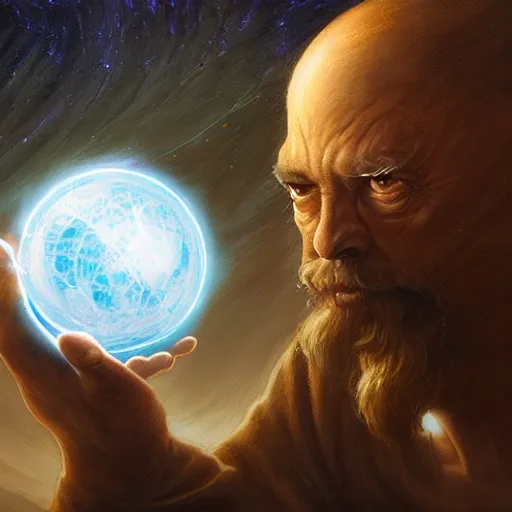 Image similar to the creator of worlds wearing a cloak and holding a holographic planet projection in his hand, detailed, sci - fi, digital painting, artstation, sharp focus, illustration, ominous, artgerm, tomasz alen kopera, peter mohrbacher, donato giancola, joseph christian leyendecker, wlop, frank frazetta