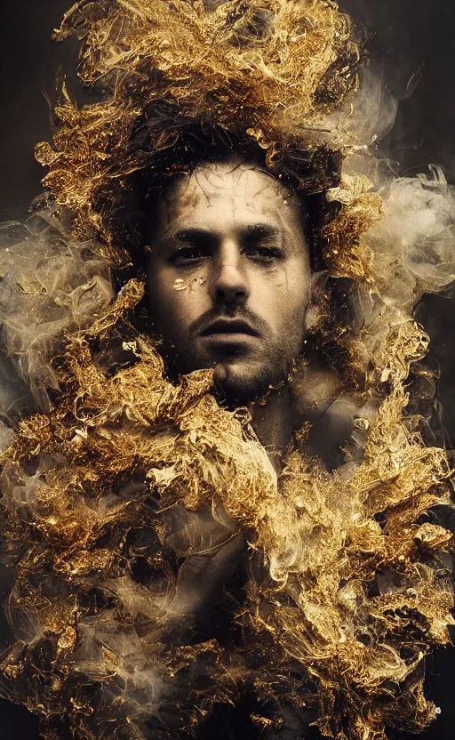 Image similar to 'Portrait of King Arthur' by István Sándorfi and Lee Jeffries royally decorated, whirling smoke, embers, gold encrustations , gilt silk torn fabric, radiant colors, fantasy, perfect lighting, studio lit, micro details,