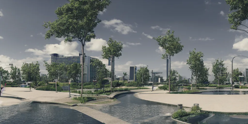 Image similar to city center public park, modern landscape architectural design for industrialpunk, water in the middle, dramatic lighting and composition, octane render, unreal engine 5, 8k