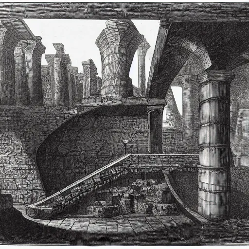 Prompt: an etching illustration of a strange underground endless stone chamber with staircases, arches, and portcullises fading into the distance, by Piranesi and M.C. Escher