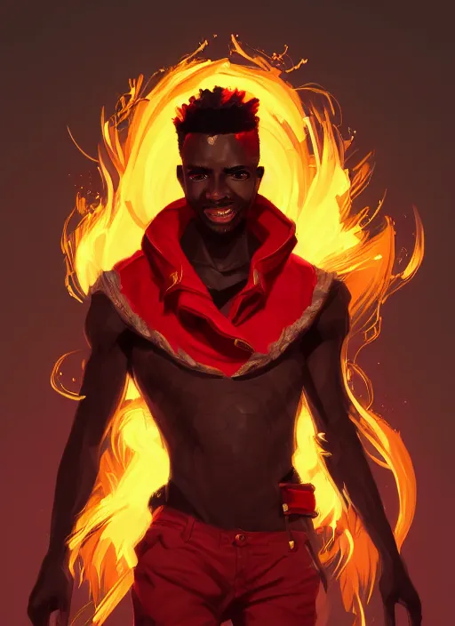 Image similar to a highly detailed illustration of attractive top cut haired african guy wearing red jacket, flaming glowing eyes, dramatic smile pose, intricate, elegant, highly detailed, centered, digital painting, artstation, concept art, smooth, sharp focus, league of legends concept art, wlop