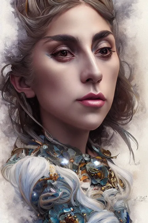 Prompt: beautiful cottagecore lady gaga, intricate, swagger, highly detailed, digital painting, artstation, concept art, smooth, sharp, focus, illustration, art by artgerm and greg rutkowski and alphonse mucha