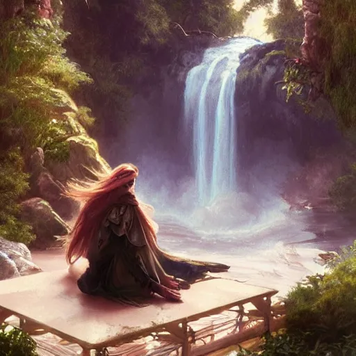 Image similar to maiden sitting on piano combined with waterfall, nature, realistic, cinematic lighting, highly detailed, digital painting, Artstation, illustration, art by Artgerm and Greg Rutkowski and Alphonse Mucha