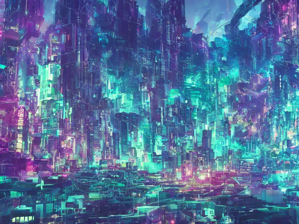 Image similar to mystical colorful cyberpunk city with a clear blue lake in a clearing where an abstract nebula crystal sculpture is floating above it, powerful, 4k, photograph, vaporwave