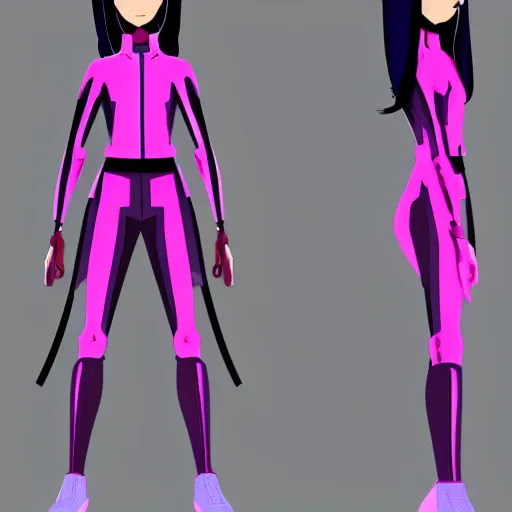 Prompt: y2k character model sheet for a short Japanese girl in a pink and white futuristic sleek motorcycle suit. into the spider-verse animated style