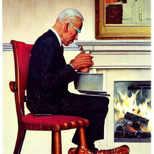 Prompt: a medium close up portrait painting by Norman Rockwell of Joe Biden sitting in a chair. Cozy fire. legs crossed