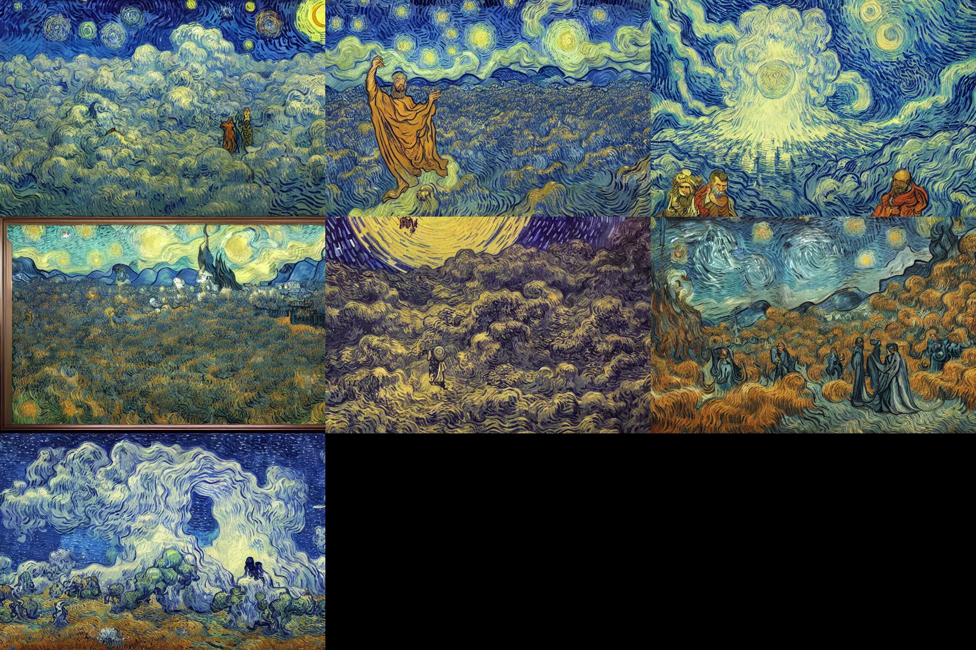 Prompt: heavenly world with giant epic gates depicted by james jean, vincent van gogh, michaelangelo, vincent di fate, award winning painting, holy, divine, beautiful