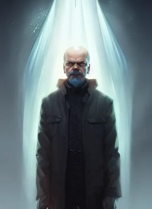 Image similar to « a portrait o cyberpunk vladimir lenin, glowing eyes, a digital painting by charlie bowater, featured on cgsociety, fantasy art, behance hd, wiccan, artstation hd »